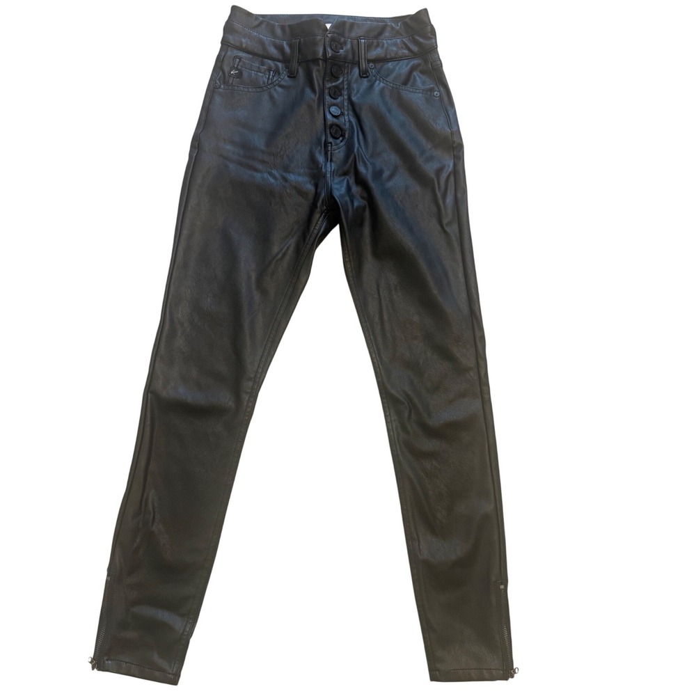 KanCan Womens Faux Leather Skinny Pants Black High Rise Button Fly Ankle Zip